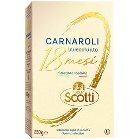 Riso Scotti aged Carnaroli rice packaging showcases premium quality for easy risotto