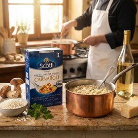 Riso Scotti Carnaroli rice served on a platter for restaurant-style risotto.