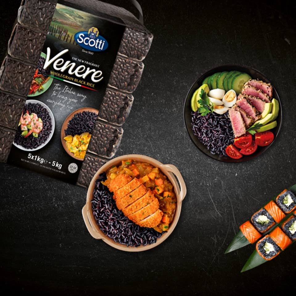 Close-up of glossy Venere grains ideal for pilafs and salads.