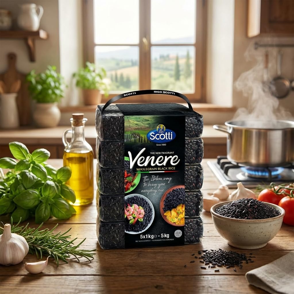 Venere black rice grains emphasize nutty flavor in hearty bowls.