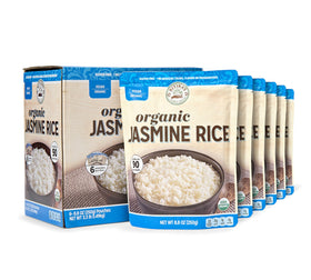 Ritika's Global Grains Jasmine Rice packaging shows six-pouch convenience for easy meals.