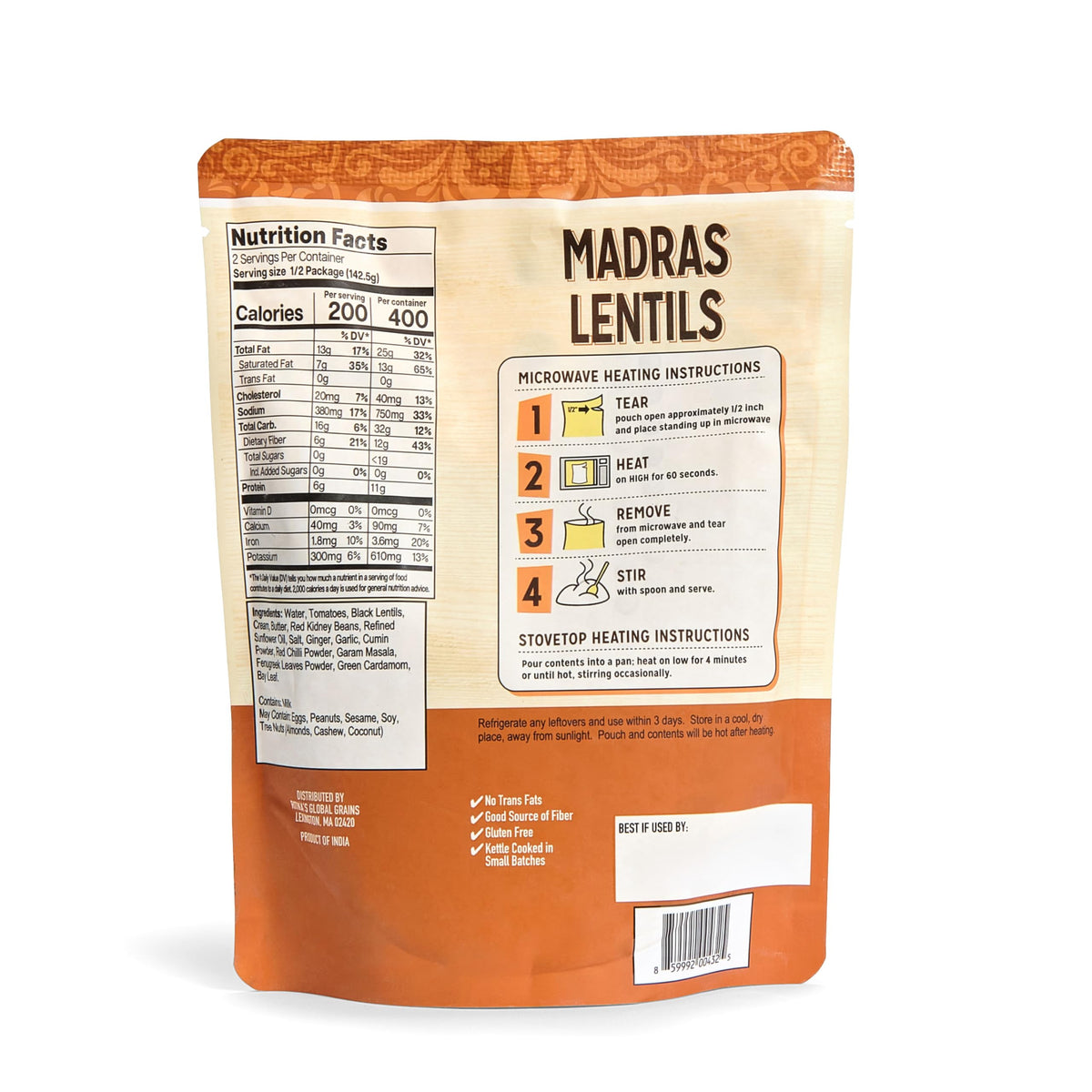 Ritika’s Global Grains Madras Lentils ingredients close-up: lentils, beans, tomatoes and spices