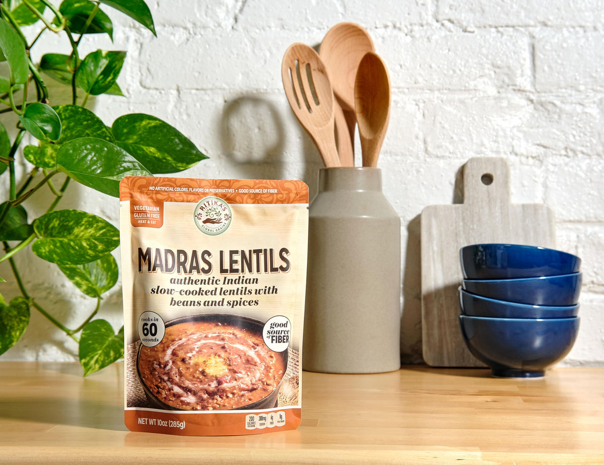 Ritika’s Global Grains Madras Lentils microwave-ready pouch in a home kitchen