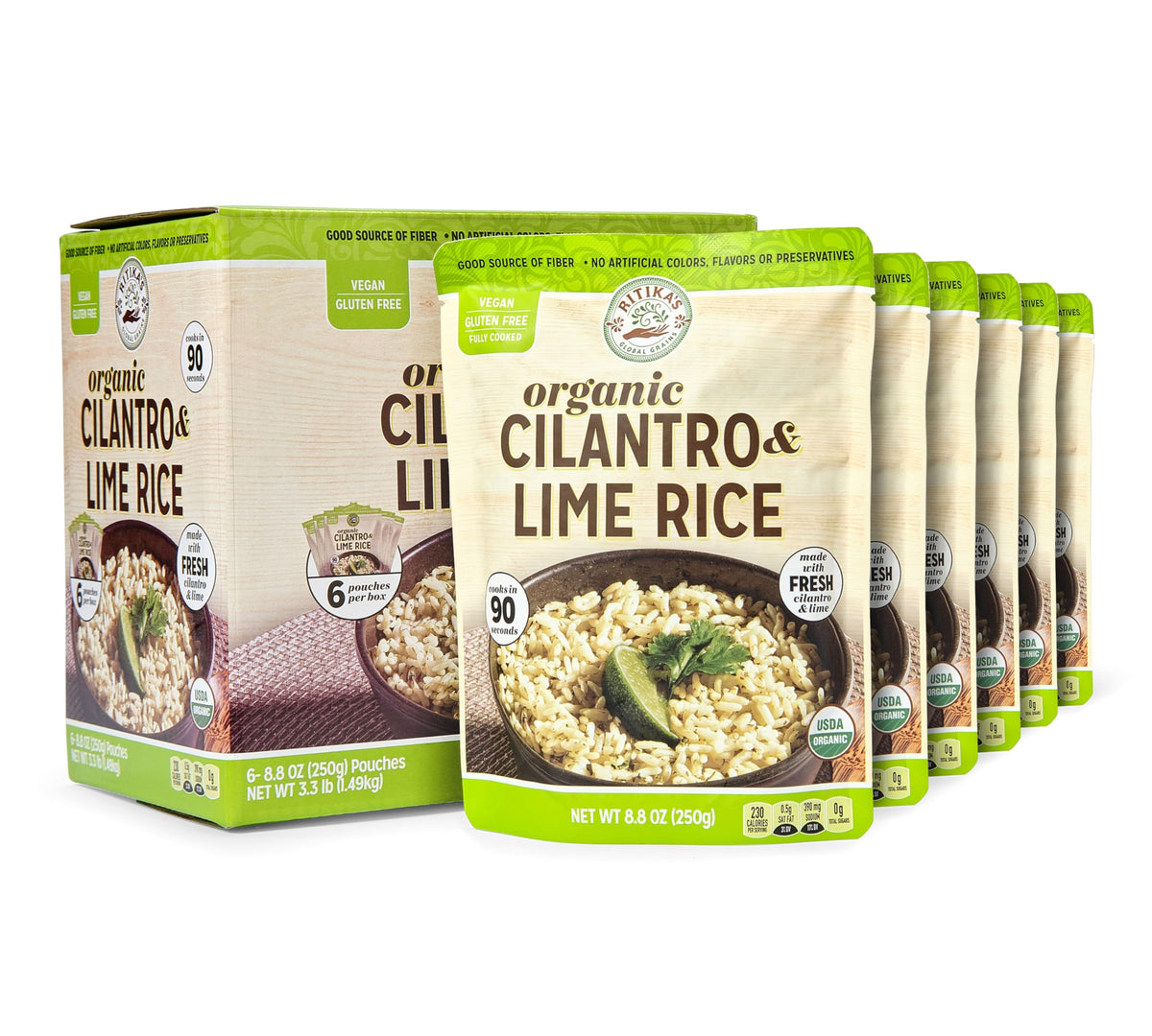 Ritika’s Global Grains cilantro lime rice pack front showing organic ingredients and zesty flavor profile.
