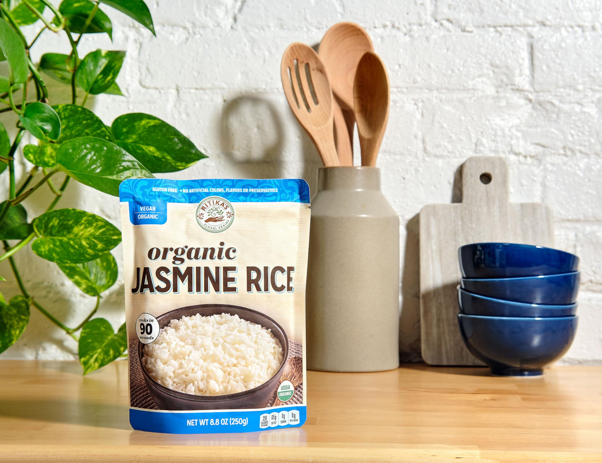 Six-pouch pack image of Ritika's Jasmine Rice supports meal prep and portions.