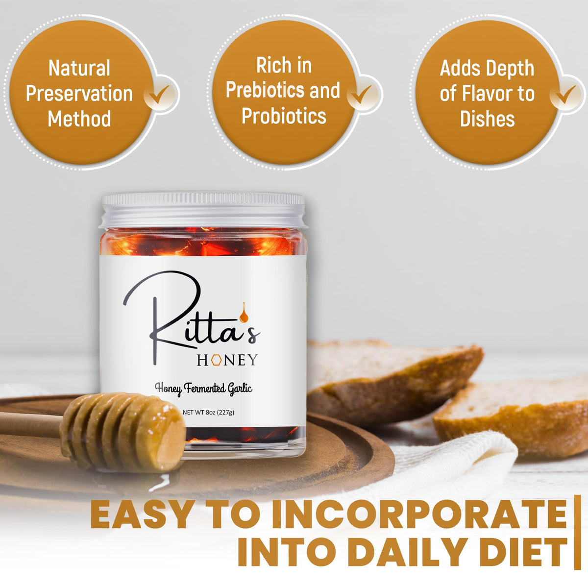 Ritta's Honey fermented garlic cloves close-up highlights bold aroma.