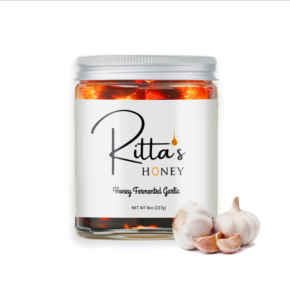 Ritta's Honey fermented garlic jar enhances savory-sweet flavor in meals.
