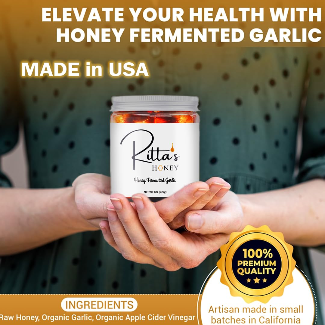 Ritta's Honey pour-drizzle shows garlic infusion ideal for marinades.