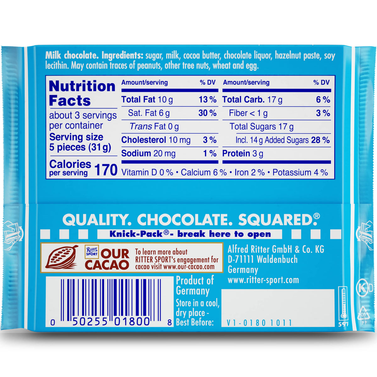 Ritter Sport Alpine Milk Chocolate closeup highlights creamy texture and caramel honey notes.