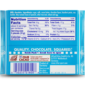 Ritter Sport Alpine Milk Chocolate closeup highlights creamy texture and caramel honey notes.