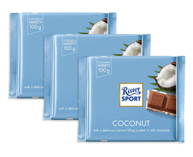 Ritter Sport Coconut bar pack front view, easy to share with friends.