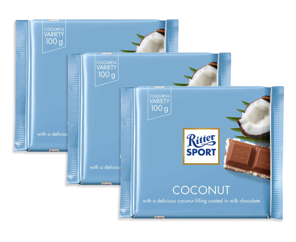 Ritter Sport Coconut bar pack front view, easy to share with friends.