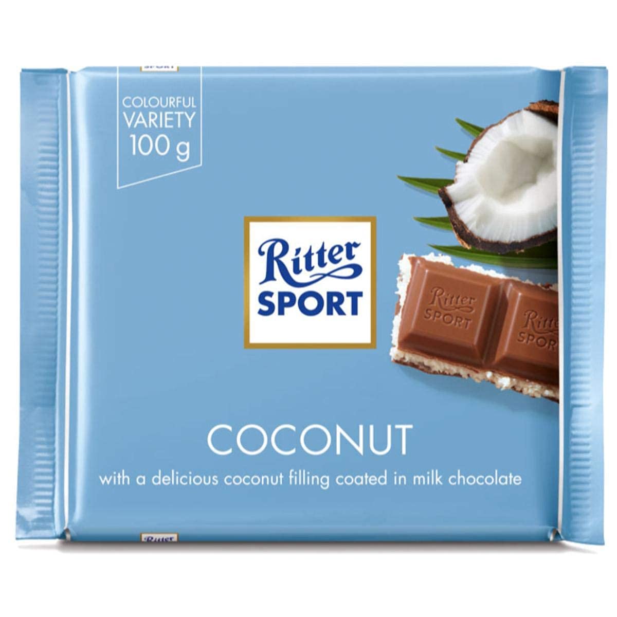 Ritter Sport Coconut bars sliced on a plate for sharing.