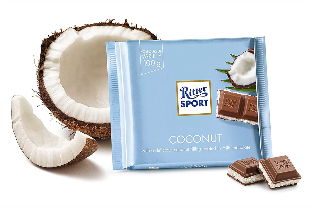 Ritter Sport Coconut chocolate served as a snack or dessert topping.