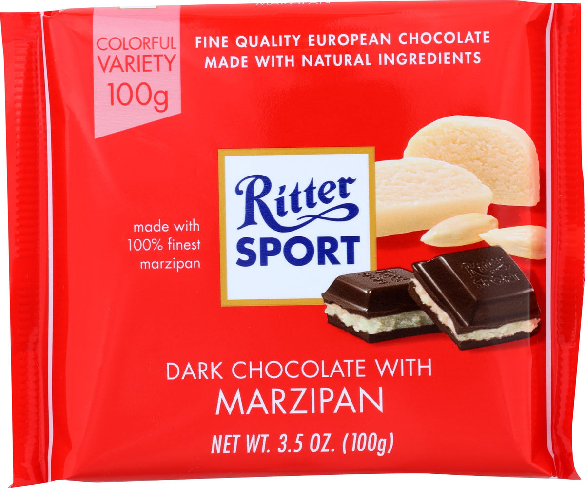 Ritter Sport Marzipan Dark Chocolate 12-pack with colorful wrappers, perfect for sharing.