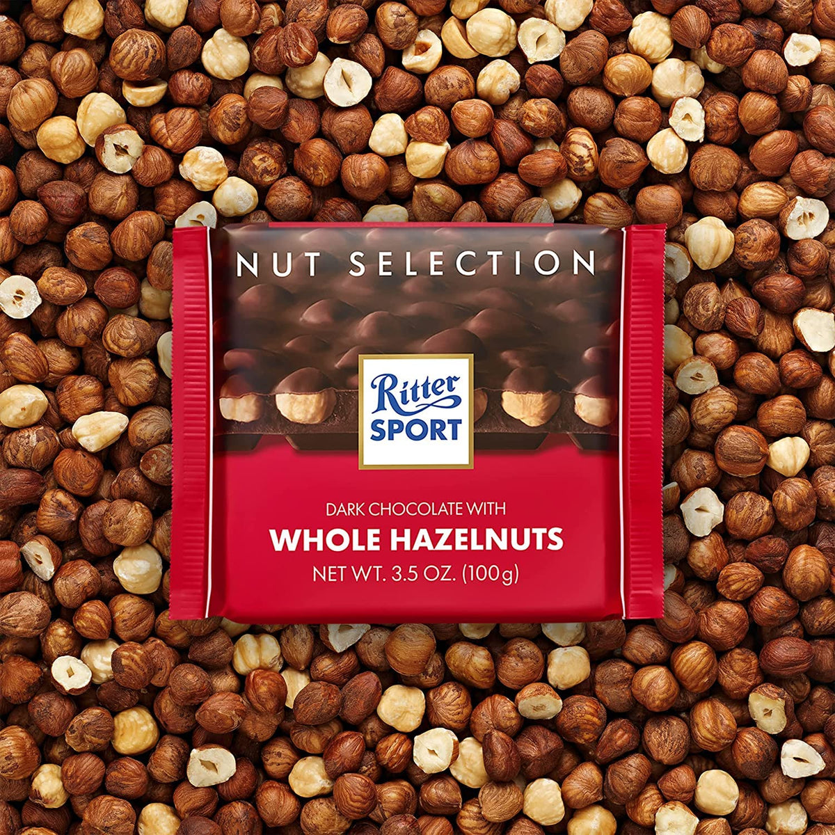 Ritter Sport Nut Class Dark cross-section with whole hazelnuts visible in chocolate.