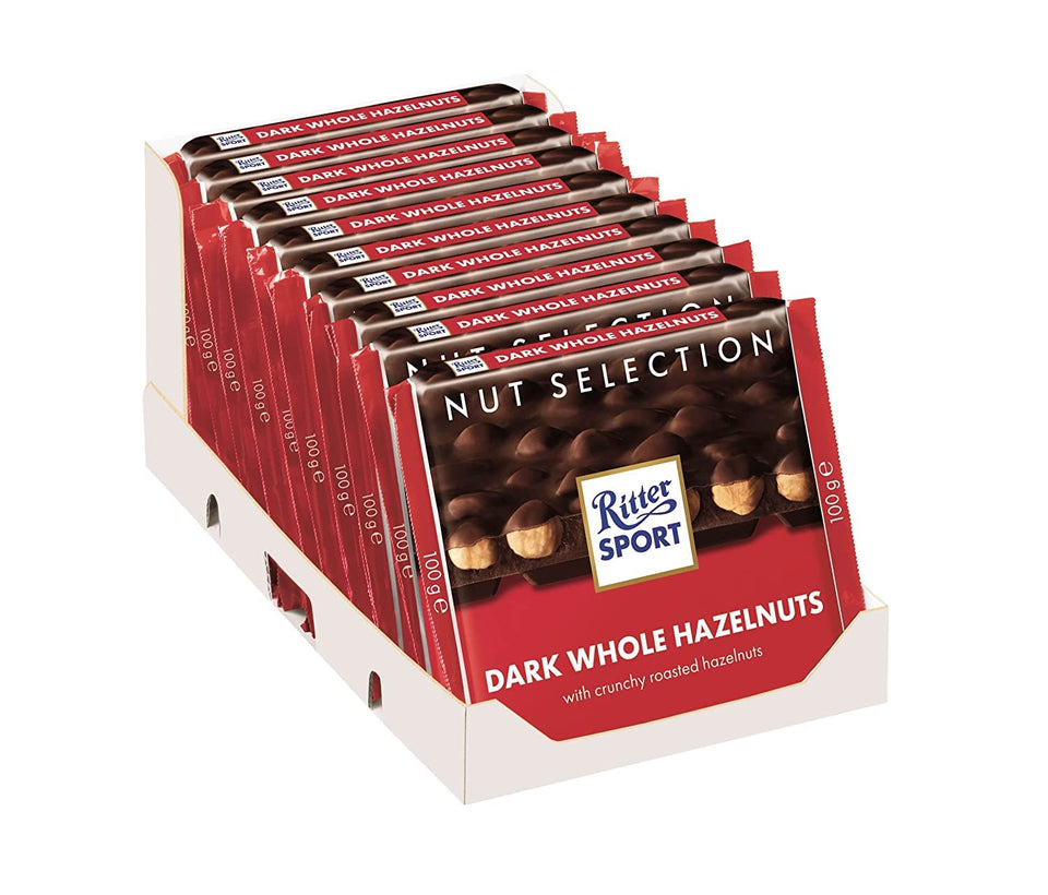 Ritter Sport Nut Class Dark with Whole Hazelnuts bar close-up, rich chocolate and crunchy hazelnuts.