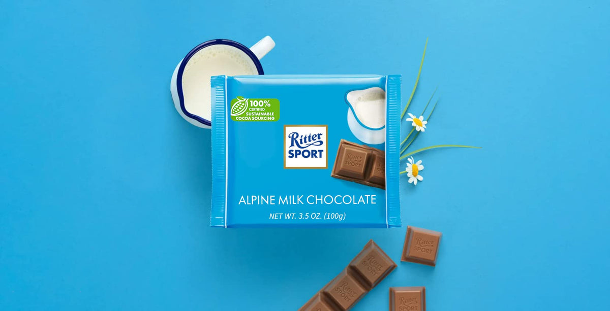 Ritter Sport Rainforest Alliance seal on packaging signals certified sustainable cocoa.