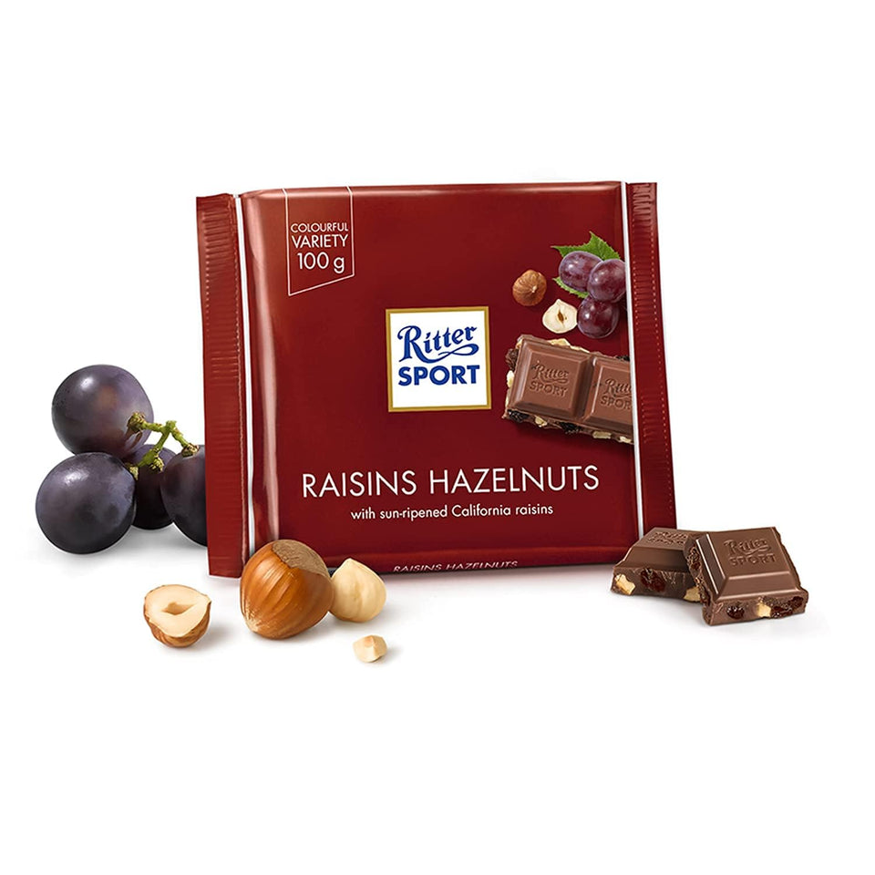 Ritter Sport Rum Nut Grape bar front: premium chocolate snack.