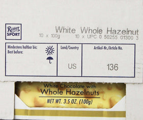 Ritter Sport white chocolate with whole hazelnuts, bars collection, perfect treat or office snack.