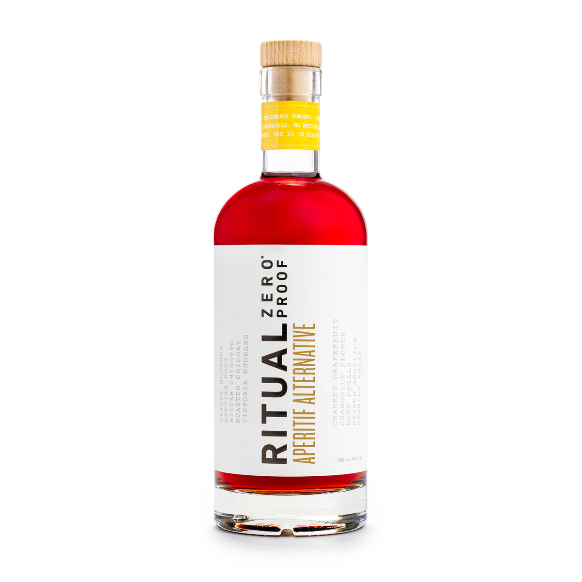 Ritual Zero-Proof aperitif bottle pour highlights zero calories and alcohol-free cocktail options.