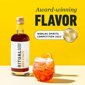 Ritual Zero-Proof aperitif flavor-profile-closeup highlights orange blossom, rhubarb, and charred grapefruit notes.