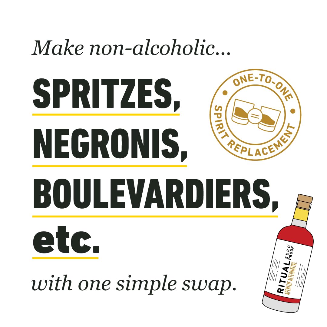 Ritual Zero-Proof aperitif negroni-mixer image demonstrates 1:1 flavor swap for favorite cocktails.