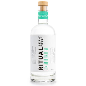 Ritual Zero-Proof non-alcoholic gin bottle on table, ideal for alcohol-free evenings.