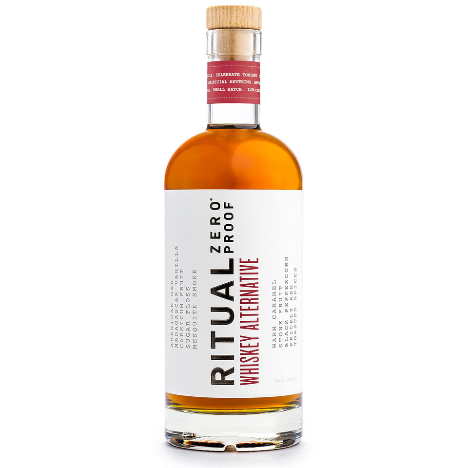 Ritual Zero-Proof whiskey bottle side view, ideal for mocktails