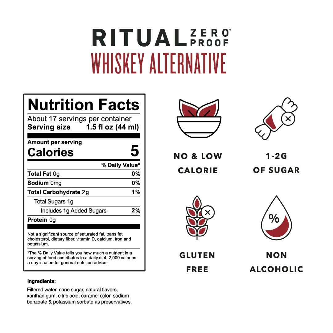 Ritual Zero-Proof whiskey being poured into a glass for non-alcoholic drinks