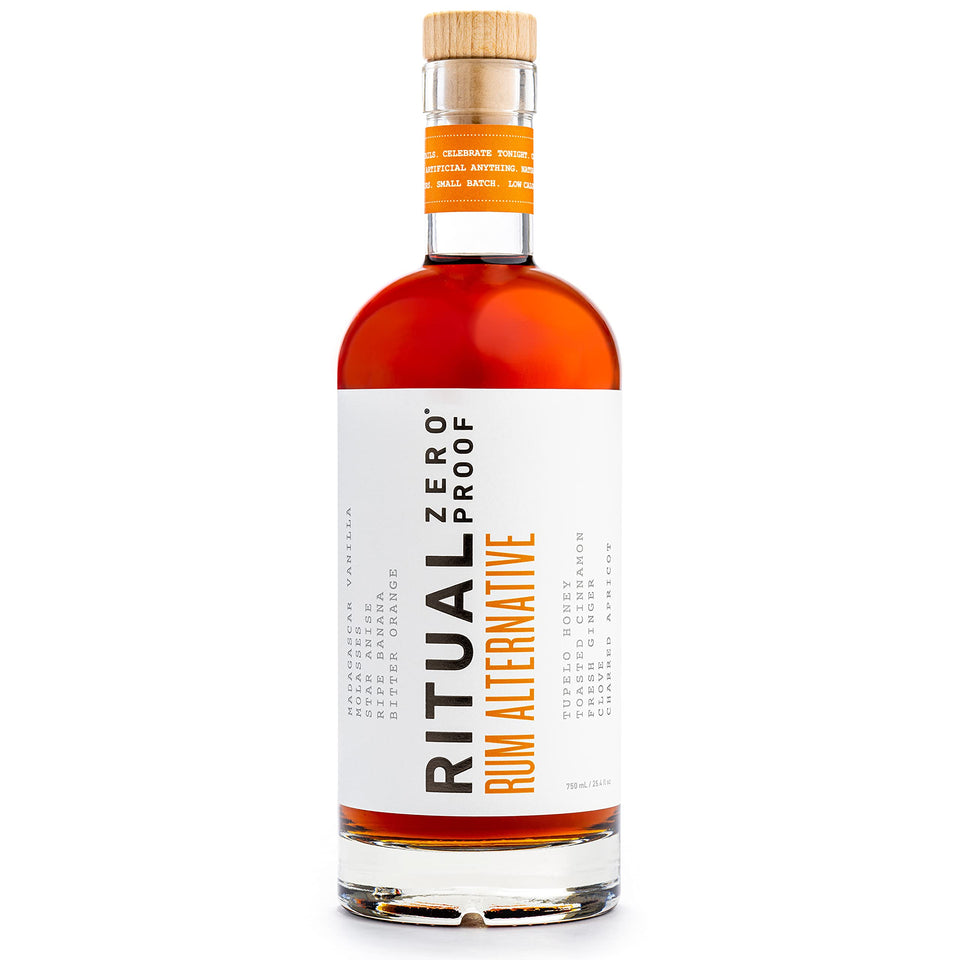 Ritual Zero Proof Rum bottle pour highlights a versatile alcohol-free base for cocktails.