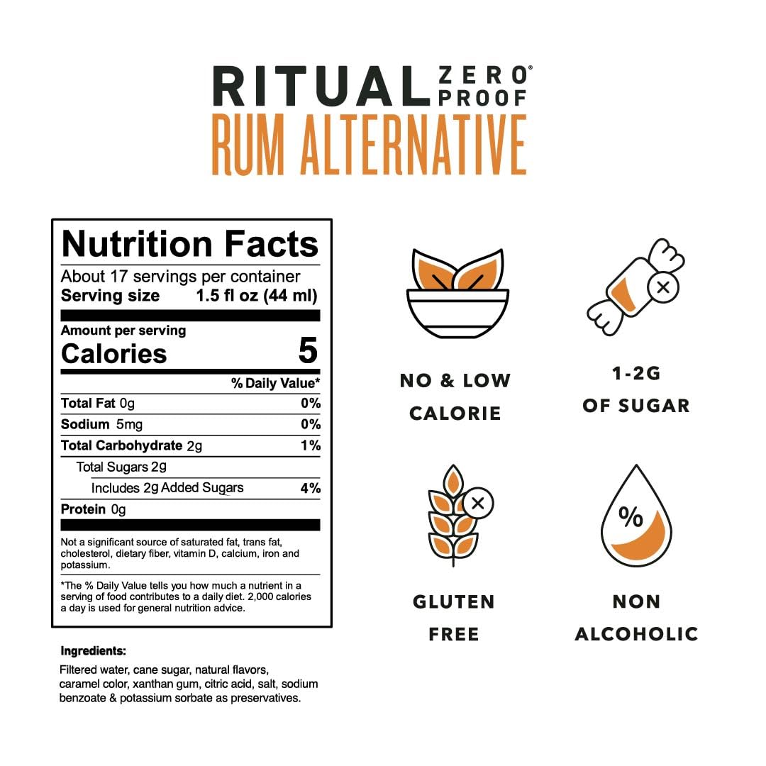 Ritual Zero Proof Rum showcases vanilla-spice aroma, ideal for warm, balanced mocktails.