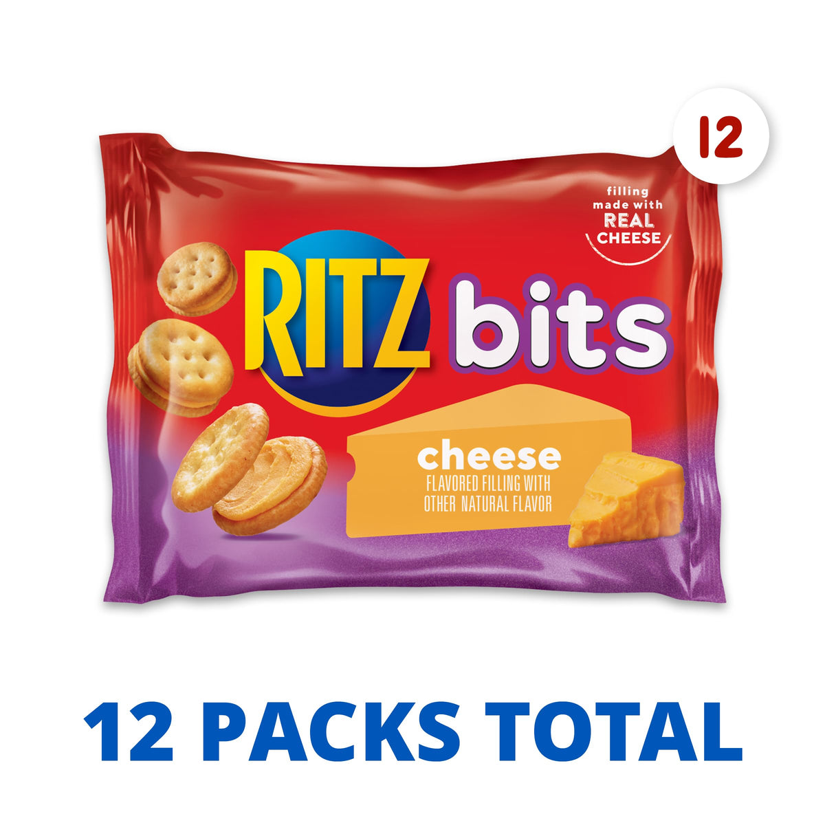 Ritz Bits Cheese Sandwich Crackers close-up shows creamy cheese filling.