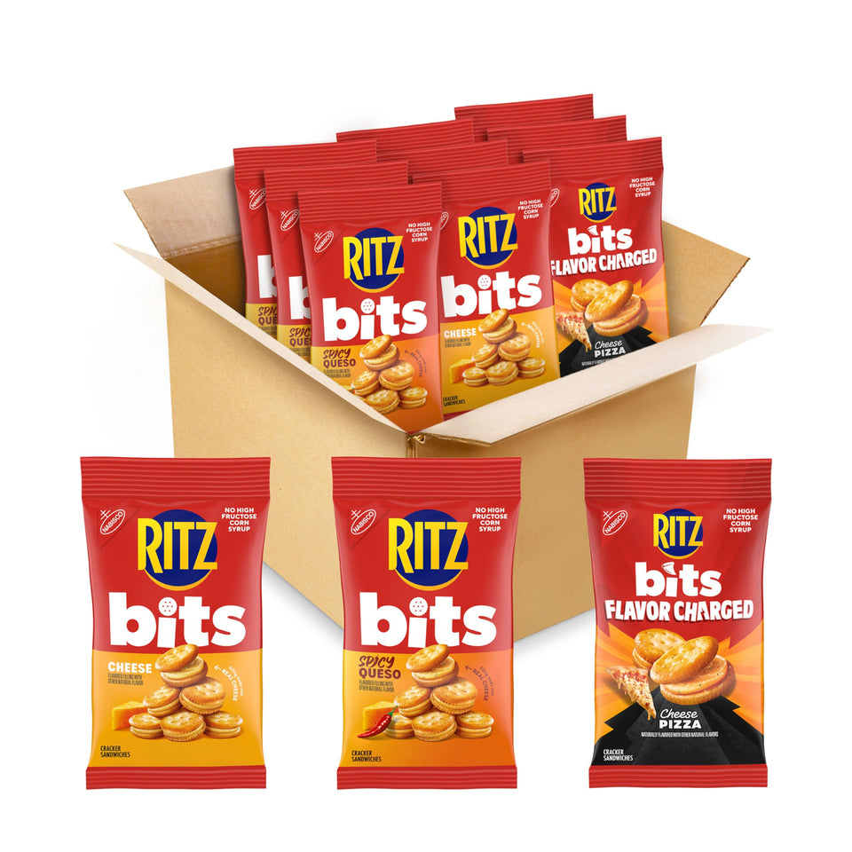RITZ Bits Flavor Charged Cheese Pizza Crackers for on-the-go savoriness.