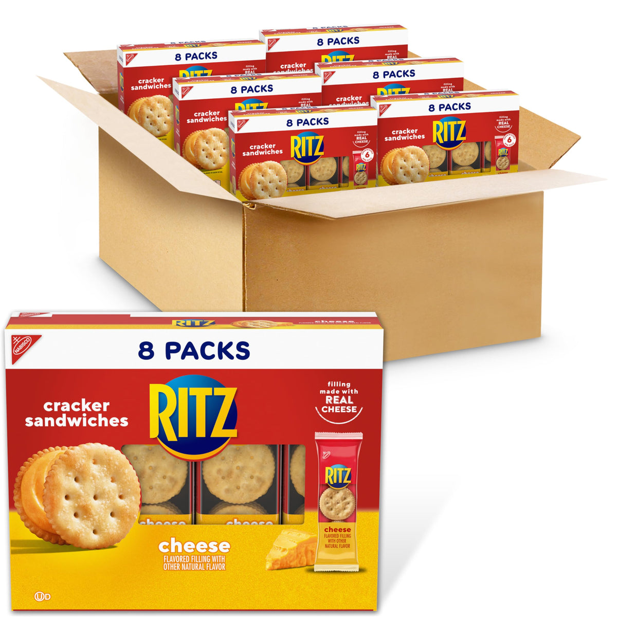 Ritz Cheese Sandwich Crackers box front for quick on-the-go snacking.
