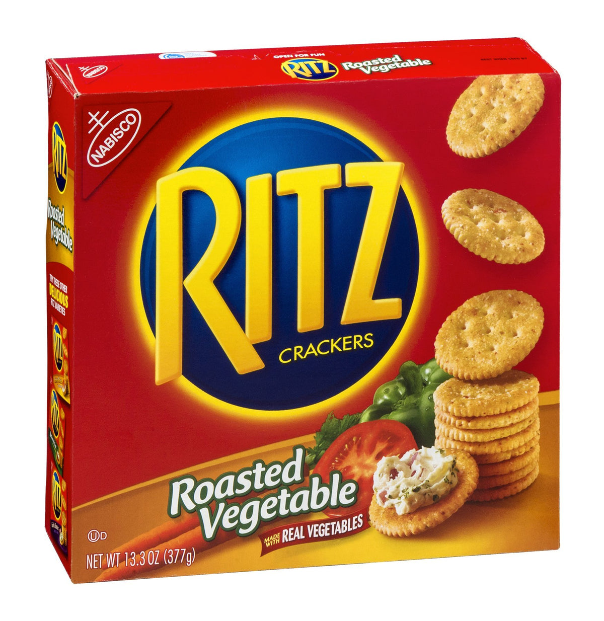Ritz Roasted Vegetable crackers close-up showing crisp texture and herbs, ideal with dips.