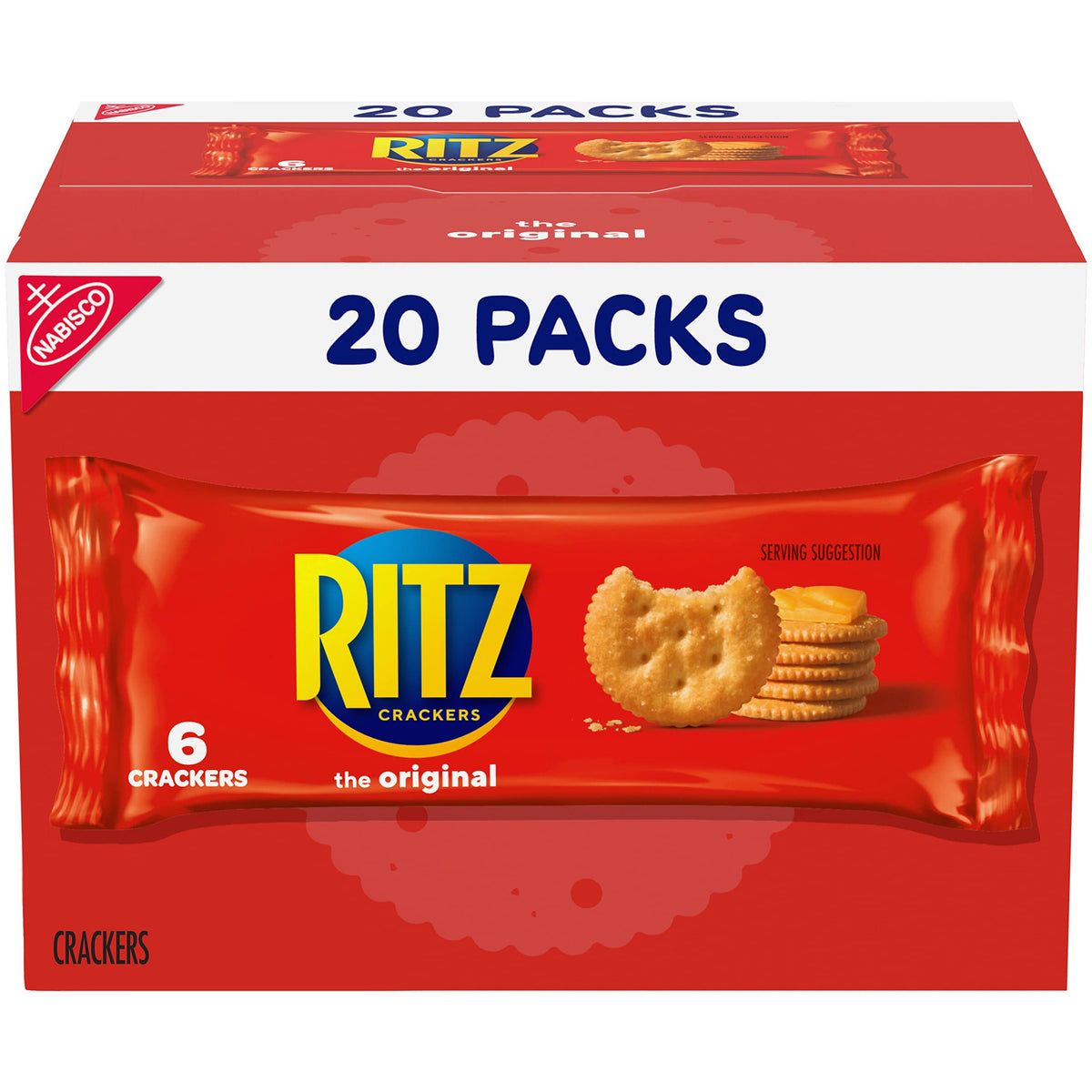 RITZ Original Crackers box showing 20-pack bulk convenience for on-the-go snacking
