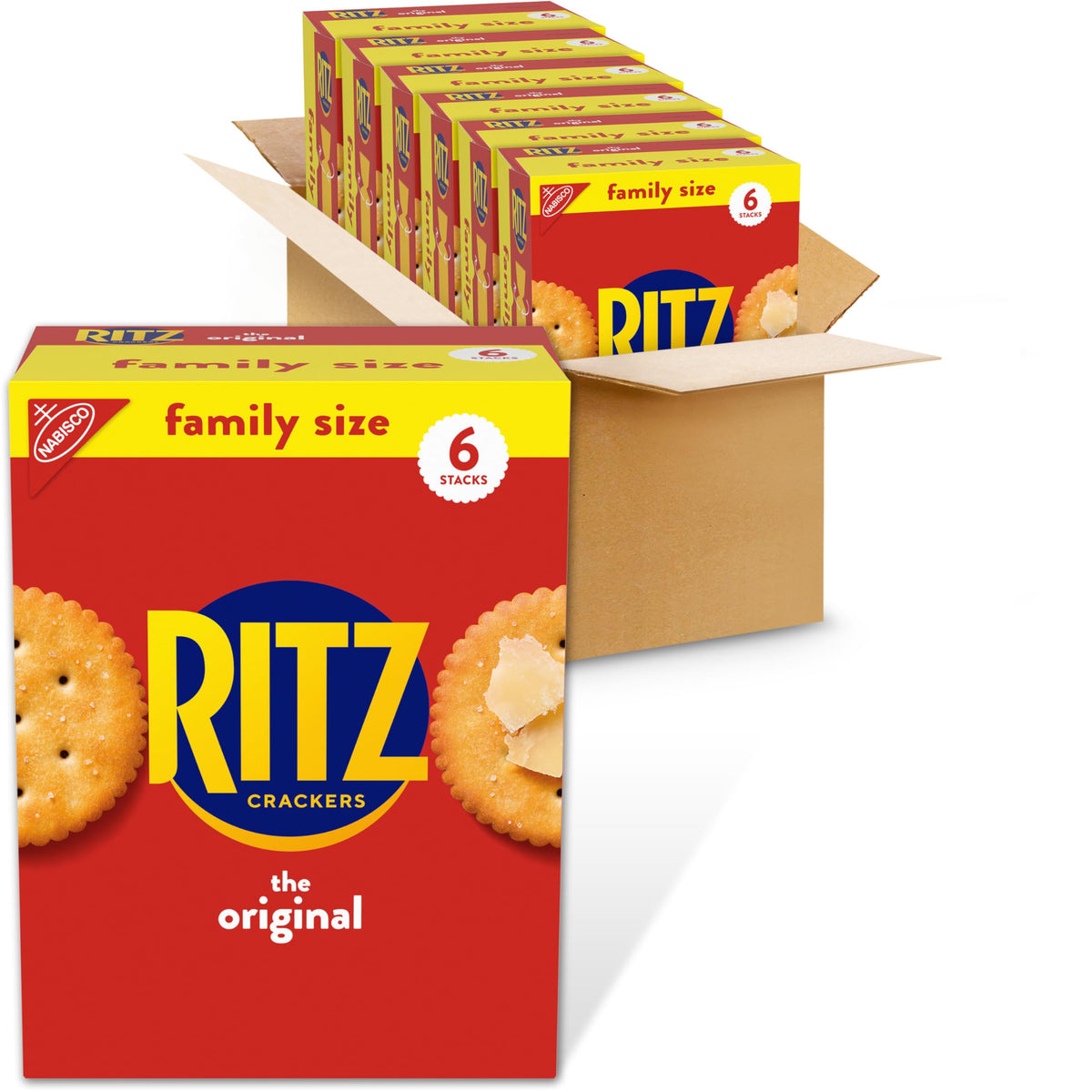 RITZ Original Crackers bulk packaging shows six family boxes for gatherings