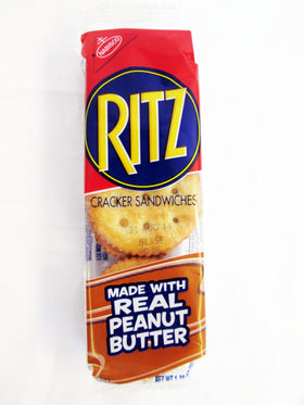 Ritz peanut butter cracker sandwich cross-section highlights creamy filling between crisp crackers.