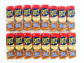 Ritz peanut butter cracker sandwich packaging showcases 16-pack convenience for on-the-go snacks.