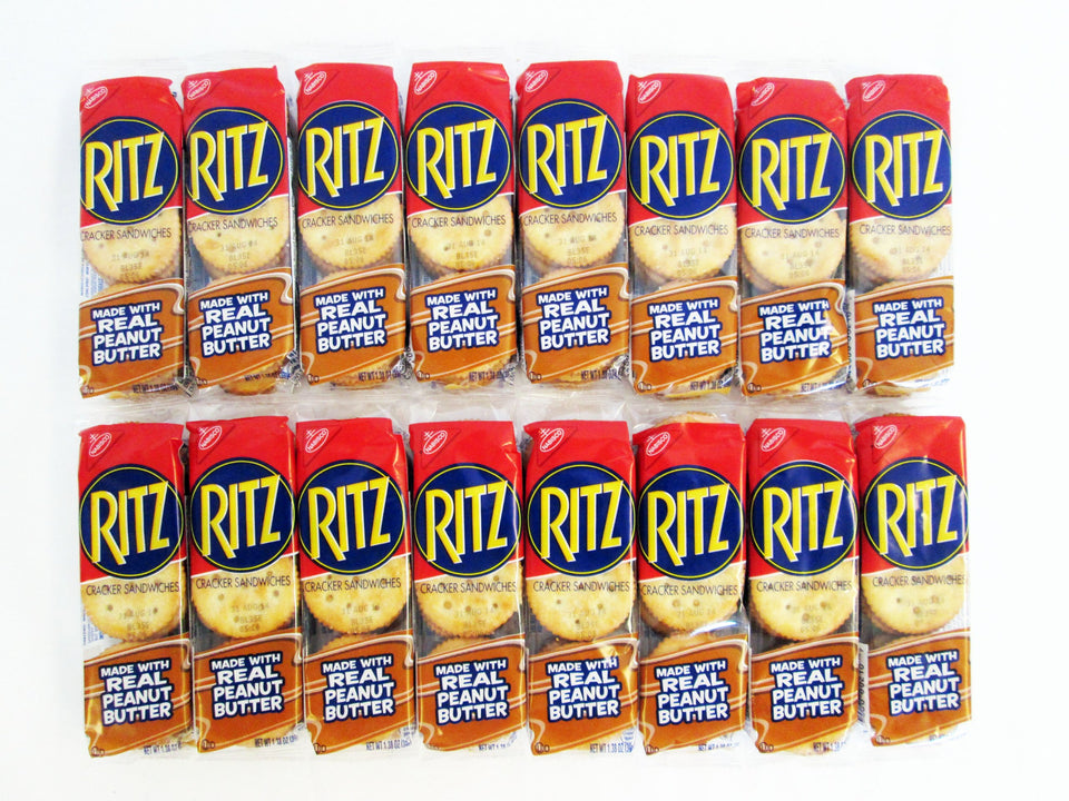 Ritz peanut butter cracker sandwich packaging showcases 16-pack convenience for on-the-go snacks.