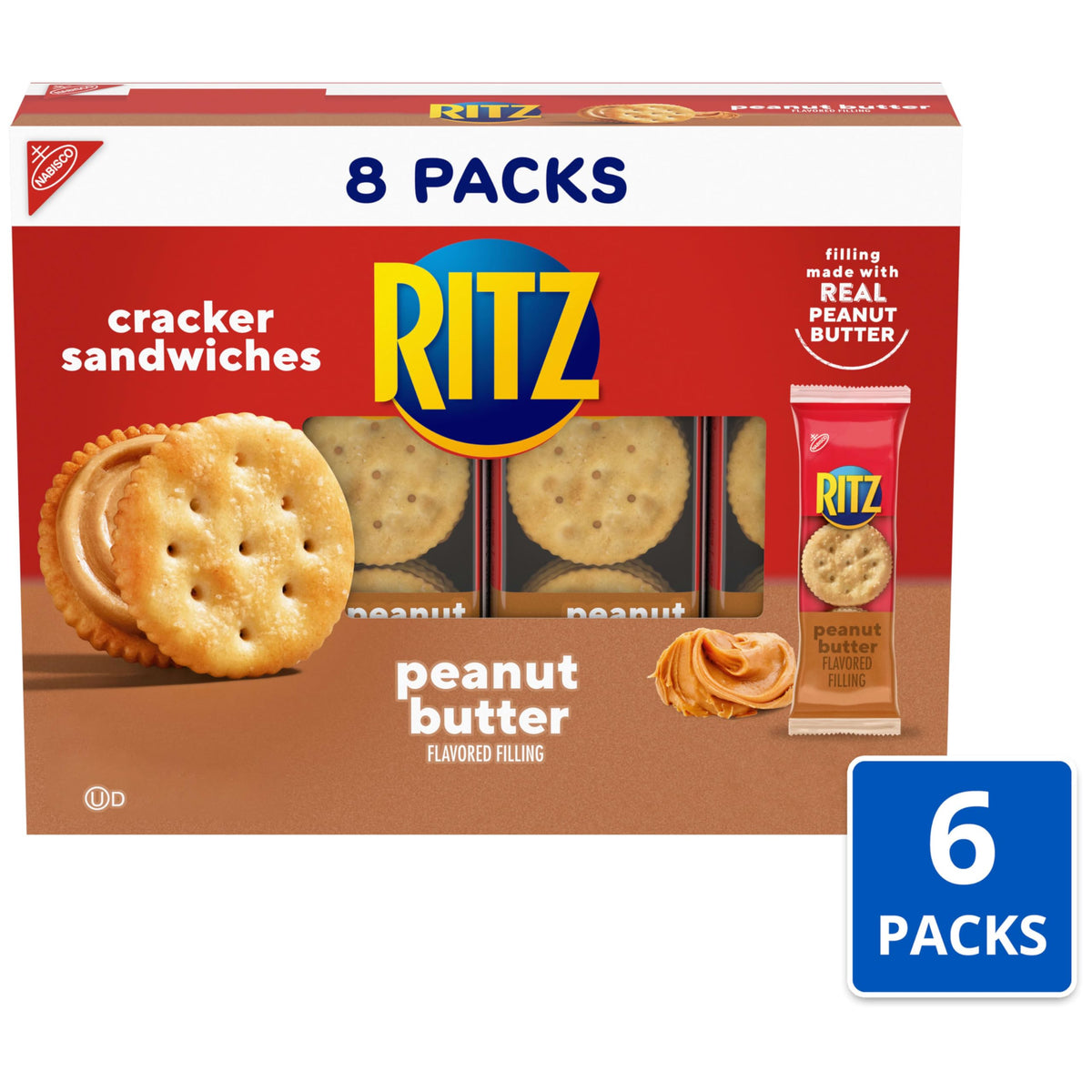 Close-up of cracker sandwich with creamy peanut butter filling between two crisp Ritz crackers.