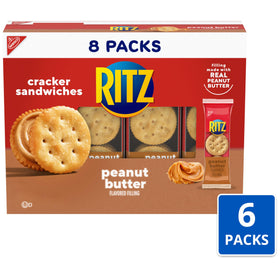 Close-up of cracker sandwich with creamy peanut butter filling between two crisp Ritz crackers.