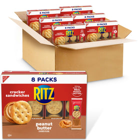 RITZ Peanut Butter Sandwich Crackers packaging with six boxes and forty-eight snack packs for convenient snacking.