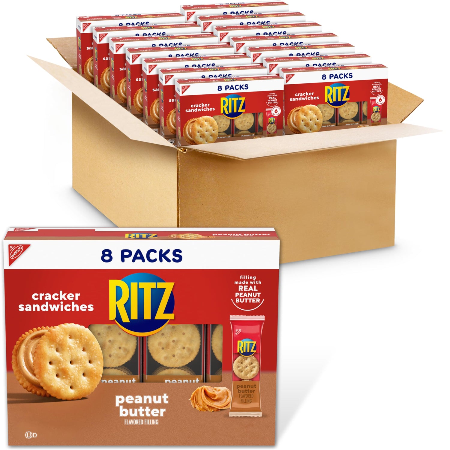 RITZ Peanut Butter Sandwich Crackers pack front, portable snack for on-the-go.