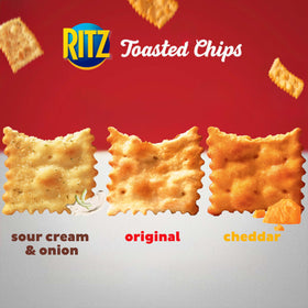 RITZ Toasted Chips cheddar bag delivering bold flavor for game night.