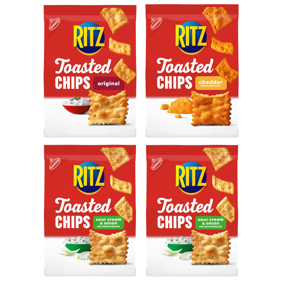 RITZ Toasted Chips sour cream and onion bag with savory, lighter-fat snacking.