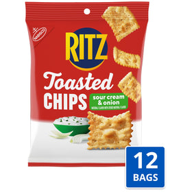 RITZ Toasted Chips Sour Cream and Onion crackers close-up showing crisp baked texture.
