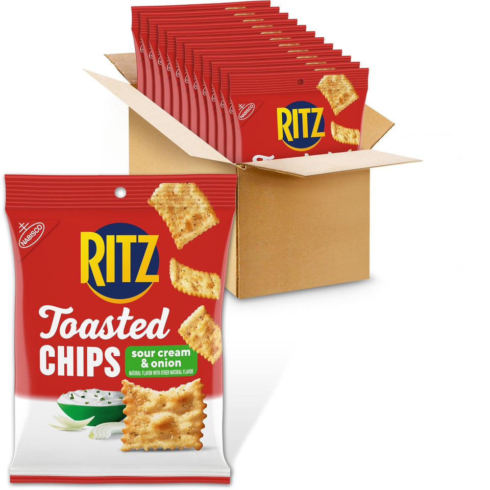 RITZ Toasted Chips Sour Cream and Onion crackers bulk 12-pack for easy lunchbox snacking.