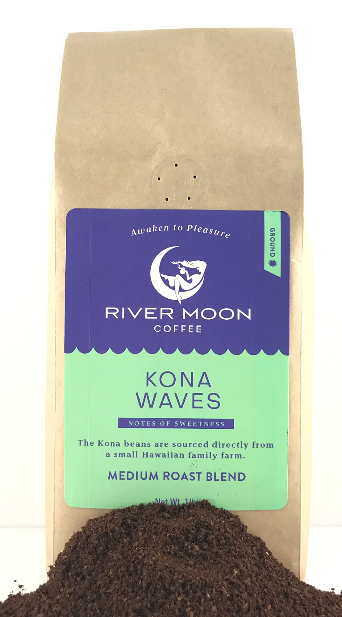River Moon hand-picked Kona beans on tropical slopes, selected for premium flavor.